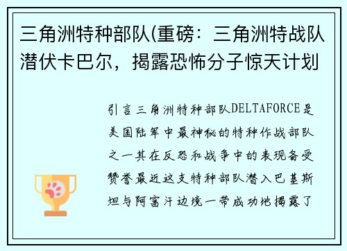三角洲特种部队(重磅：三角洲特战队潜伏卡巴尔，揭露恐怖分子惊天计划！)